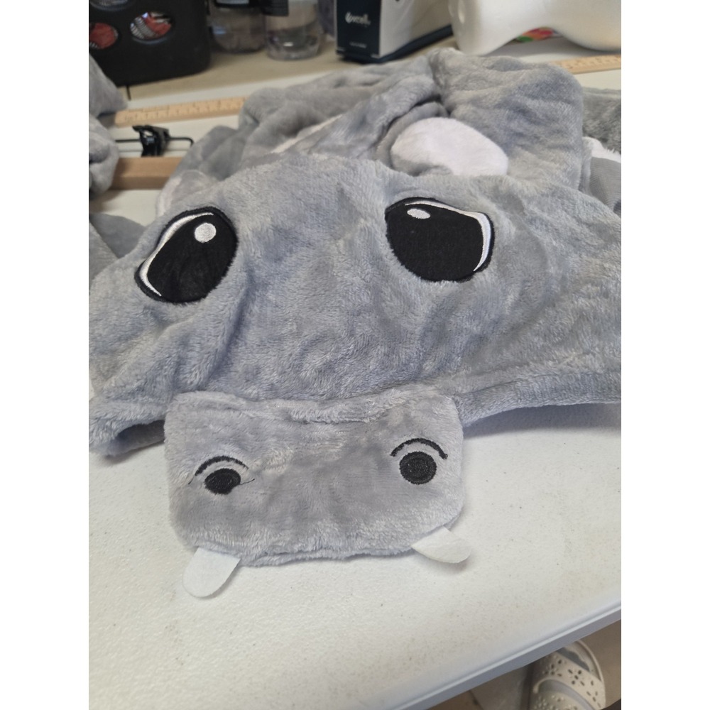 Kids Hippo Costume Plush Fleece Hooded One Piece Gray Button Front Back Zip Pock